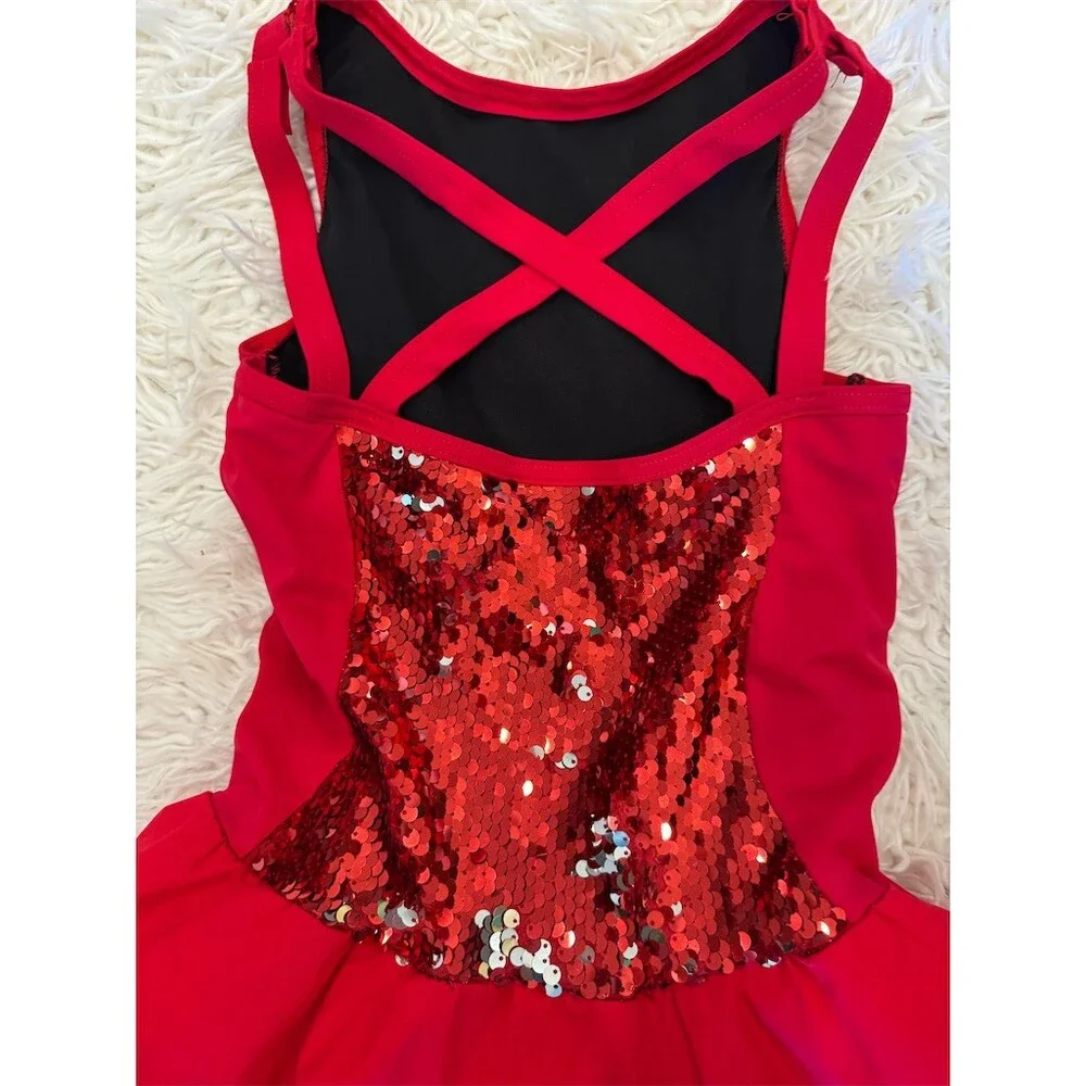 Weissman Girls Dance Costume Dress Red Sequin Skater Crisscross Back L